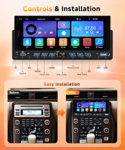 6.86" Single Din Car Stereo with Wireless CarPlay and Android Auto (6.86 inch with Volume Knob and physical control buttons)