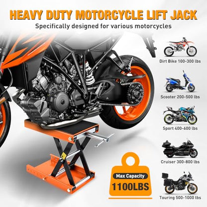 Motorcycle Lift Jack 1100 LBS Scissor Jacks Stand Lift with Wide Deck Safety Pin Handle 3.4" (Orange w Safety Pin)