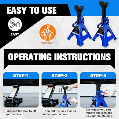 3 Ton Jack Stands Heavy Duty 6 (3 Ton Double Pin Locking with Rubber Pads / Blue)