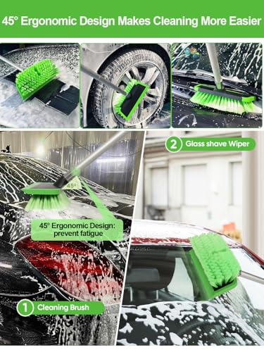 2 in 1 Car Wash Brush with Squeegee PBT Soft Bristle Truck Scrub Detail Brush 60” 151cm with Adjustable Long Handle for Interior Exterior Car Truck RV Boat Deck House Siding Cleaning Sweep Snow