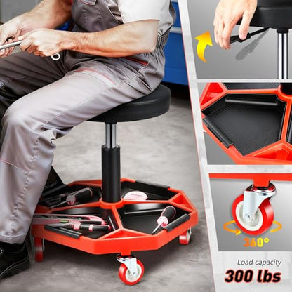 TOOLS 00253 Adjustable Height Pneumatic Garage Seat Rolling Mechanic Stool with Tool Tray Storage (Red)