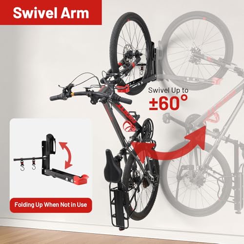 Bike Wall Mount Rack Adjustable & Foldable Garage Bike Rack with Swivel Design & 2 Storage Hooks (Type A：2 Pack)