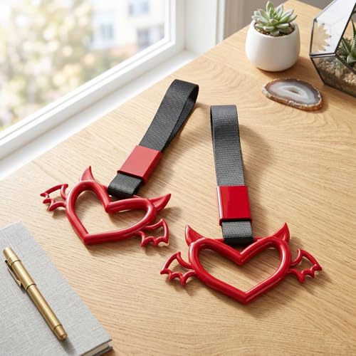 2 Pcs Devil Heart Shaped Car Handle Strap (Red-Wing)