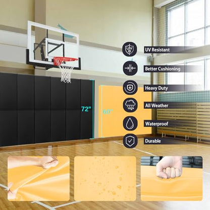 60" 72" High Gym Wall Padding 2" Thick Foam Basketball Court Wall Mount Protector for Garage Taekwondo Babyroom (YELLOW / 60" x 20" x 2")