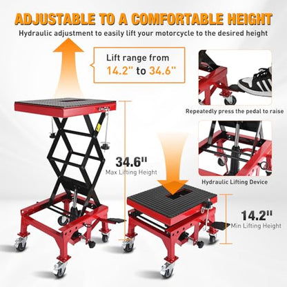 Motorcycle Lift Table Jack 300 LBS Heavy Duty Hydraulic Motorcycle Scissor Jack Lifts Table Foot Pedal with 4 Caster Wheels Wide Deck for Motorbike Dirt Bike ATV Garage Repair Tool (Red Hydraulic Lift Table)