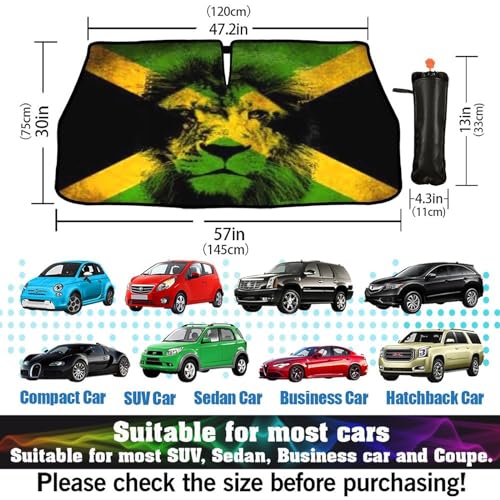 Jamaican Flag Lion Car Windshield Sun Shade Umbrella Automotive Windshield Sunshade Foldable Front Car Accessories Interior Decor to Keep Vehicle Cool for Most Vehicles 57'' X 30'' (57'' X 30'' / style-AB21)