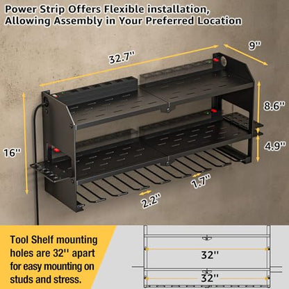 Power Tool Organizer with Charging Station Wall Mount (with Power Strip / Black)