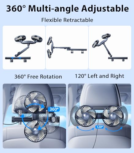 Long Arm Dual Head Car Cooling Fans for Back Seat for Kids (USB Powered-Long Arm)
