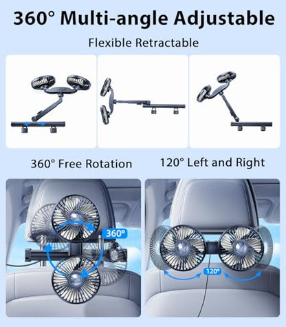 Long Arm Dual Head Car Cooling Fans for Back Seat for Kids (USB Powered-Long Arm)