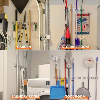 Broom Holder Wall Mount Mop Hanger Tools organizer 4Racks 5Hooks (Silver)
