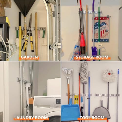 Broom Holder Wall Mount Mop Hanger Tools organizer 5Racks 4Hooks (Silver)