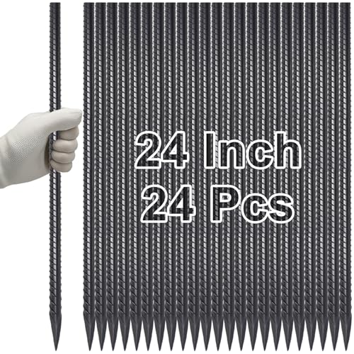 Straight Rebar Stakes 24 Inch Ground Concrete Form Stakes Heavy Duty (I-24 Inch-24 Pcs / I-24 Inch-Φ3/8"-Black)