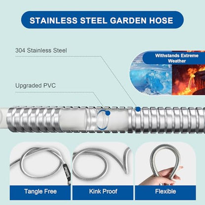 Metal Garden Hose 30 Ft Flexible Stainless Steel Water Hose 25 Ft 50 Ft With Hose Nozzle (30 Feet / Style A)
