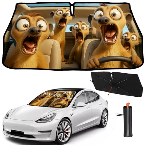 2025 Upgrade Funny Cute Animals Car Windshield Sun Shade Umbrella 5 Layers Nano Coatings Meerkat Driving Car Front Window UV Block Sunshade Cover for Most Cars SUV Universal Size 57"x30" (Meerkat Driving)