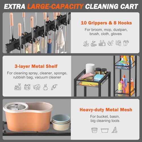 Broom Holder with Cleaning Supplies Organizer (Large)