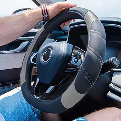 Line Rider Microfiber Leather Sporty Steering Wheel Cover Universal Fits for 95% Truck (Black＆Gray / Standard[14.5"-15"])