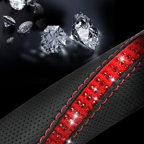 Bling Diamond Black Leather Steering Wheel Cover (Red Diamond 1PCS)