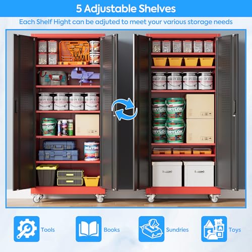 Garage Storage Cabinet with Pegboard (Black&red / 16"D x 32"W x 71"H)