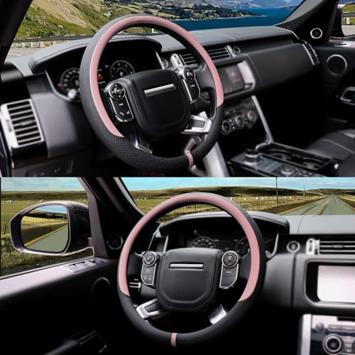 Breathable Car Steering Wheel Cover 16 inch Auto Universal Leather Wrap Non (A-Pink / L (15.5"-16"))