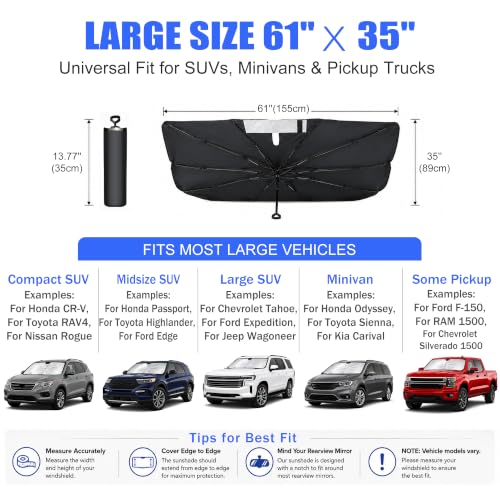 Car Windshield Sun Shade Umbrella Universal for Truck & Large SUV (Large(61" L *35" W))