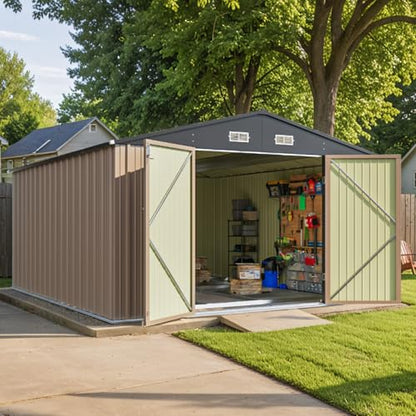 10 x 12 FT Metal Storage Shed for Outdoor with Floor Frame (Brown / 10x12 FT)
