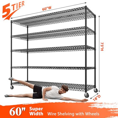 Storage Shelves 3200 LBS Capacity Wire Shelving with Wheels Heavy Duty Metal Shelf for Warehouses (2 Set-60''W X 18'' D X 73'' H)