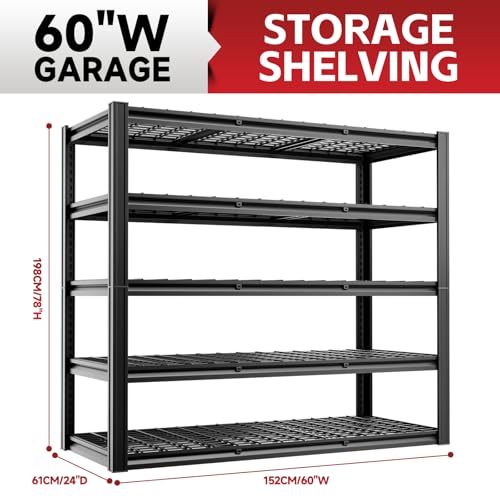 5 Tier 60”W x 24”D x 78”H Garage Shelving Adjustable Metal Storage Shelves 3300LBS Garage Shelving Heavy Duty Utility Shelf Unit Storage Racks for Warehouse (Black-hidden Hole / 60”W x 24”D x 78”H)