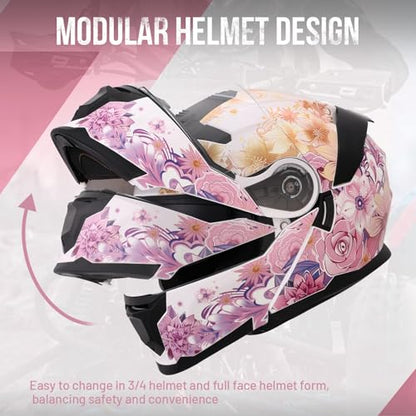 Pink Modular Motorcycle Helmets Full Face Flip up Street Bike Motorcycle Helmet for Unisex Adult Flower Sea (Flower Sea Pink / X-Large)