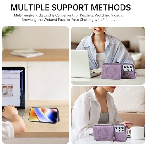 Compatible with Samsung Galaxy S21 Ultra 5G Wallet Case Screen Protector Crossbody Shoulder Strap Ring Buckle Stand Card Holder Phone Cover for S21ultra 21S S 21 21ultra G5 Women Men Purple (Purple / for S21 Ultra)