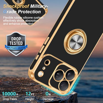 for iPhone 17 Pro Case 360° Rotatable Ring Holder Kickstand Shiny (For iPhone 17 Pro(6.3 inch,2025) / A-Black)