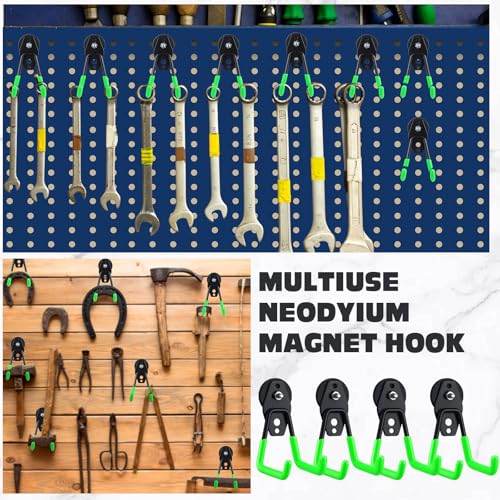 6 Pcs Large Magnetic Hooks Heavy Duty Garage Magnet Hooks Strong Storage Utility Magnetic Hangers with Anti Slip Rubber Coating for Indoor and Outdoor Hanging (Green)