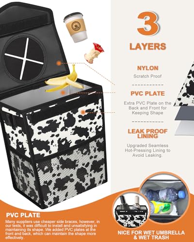 Car Trash Can with Lid Leakproof Car Garbage Bag Vehicle Trash Bin (2.8 Gallons / Cow Print)