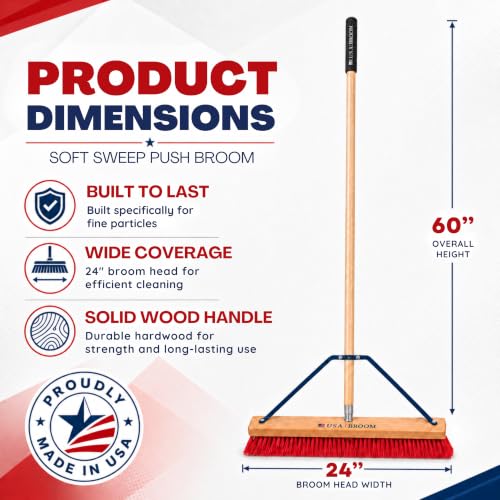 24" Soft Sweep Indoor Push Broom with 60" Handle. Ideal for Epoxy & Polished Floors. Durable American Made Steel Brackets (Style Soft Sweep / 1 Pack)