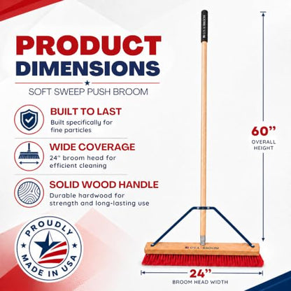 24" Soft Sweep Indoor Push Broom with 60" Handle. Ideal for Epoxy & Polished Floors. Durable American Made Steel Brackets (Style Soft Sweep / 1 Pack)