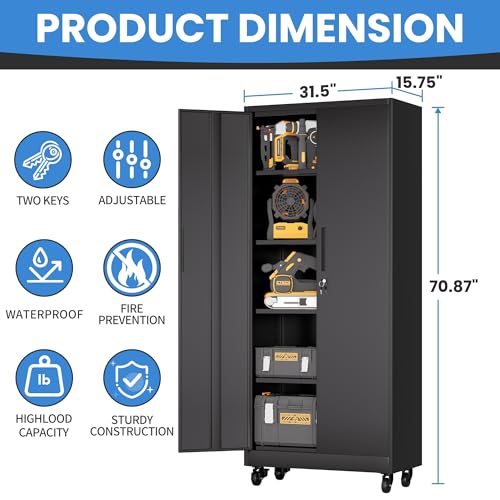 Metal Storage Cabinet for Garage (Black / L - 2 Doors & 5 Shelves (Wheeled))