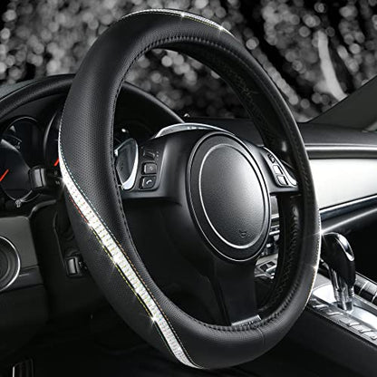 Bling Diamond Black Leather Steering Wheel Cover (Multicolor Diamond 1PCS)