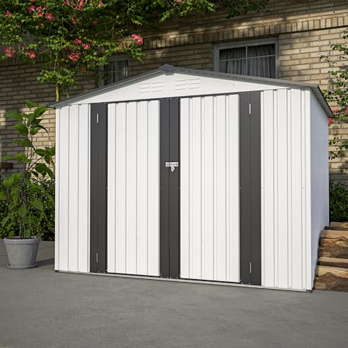 8x6 FT Outdoor Metal Storage Shed with Lockable Door & Floor Frame (White / 8x6 Ft)