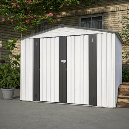 8x6 FT Outdoor Metal Storage Shed with Lockable Door & Floor Frame (White / 8x6 Ft)