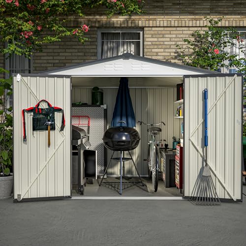 8x6 FT Outdoor Metal Storage Shed with Lockable Door & Floor Frame (White / 8x6 Ft)
