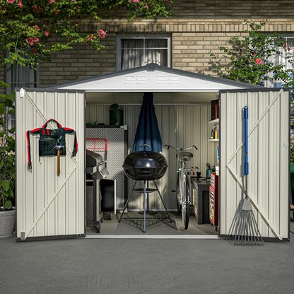 8x6 FT Outdoor Metal Storage Shed with Lockable Door & Floor Frame (White / 8x6 Ft)
