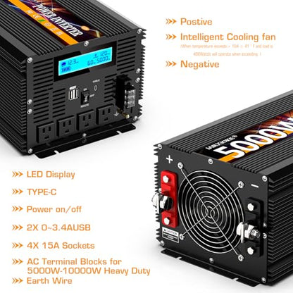 5000 Watt Power Inverter 12V DC to 110V 120V Converter for Family RV Off Grid Solar System Car with Type (12v-5000w)