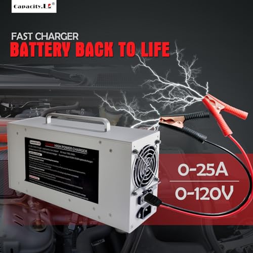 0-120V 0-25A Adjustable LiFePO4 Battery Charger, High Power Lithium Battery Charger with Pre-Charging, BMS Wake-Up, LCD Display, Variable DC Power Supply for RV Marine Solar Golf Cart (120V)