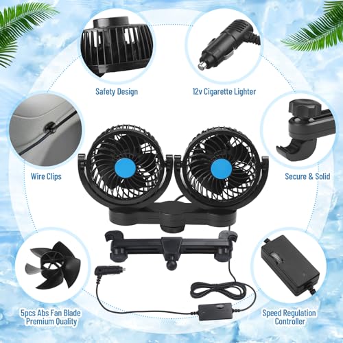2 Pcs Dual Car Seat Fans for Portable USB Backseat Cooling 12v Headrest 360 Degree Rotatable Fan Powerful Electric Air Circulation for Vehicles SUV