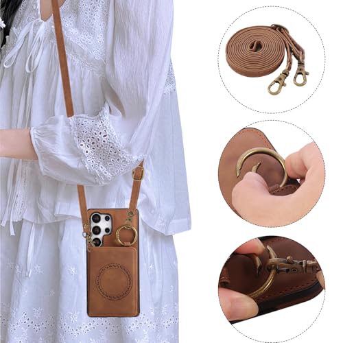 Compatible with Samsung Galaxy S25 Ultra 5G Wallet Case and Screen Protector Crossbody Shoulder Strap Ring Buckle Stand Card Holder Cell Phone Cover for S25Ultra 25S S 25 25Ultra 2025 Women Men Brown (Brown / for S25 Ultra)
