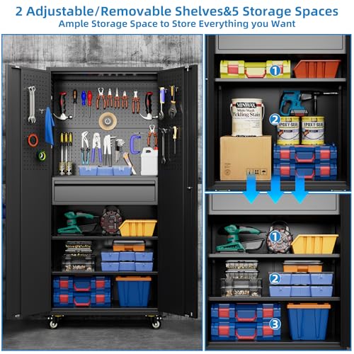 71"H Garage Storage Cabinet with Wheels (Black / 15"D x 30"W x 71"H)