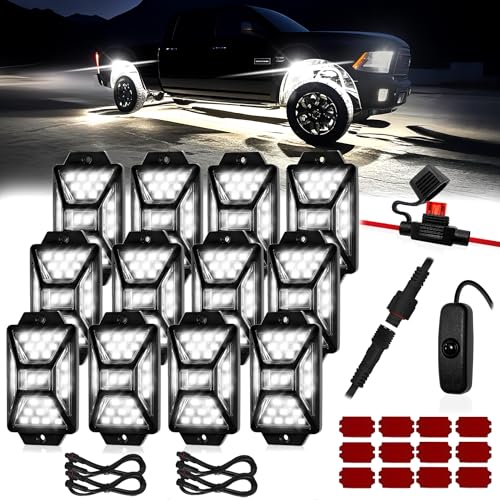 12 Pods Pure White LED Rock Lights Kit with Switch Wiring Harness (12 pods)