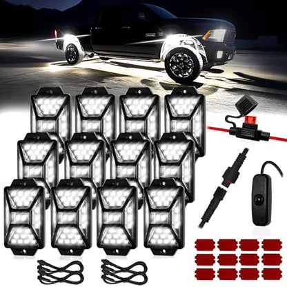 12 Pods Pure White LED Rock Lights Kit with Switch Wiring Harness (12 pods)