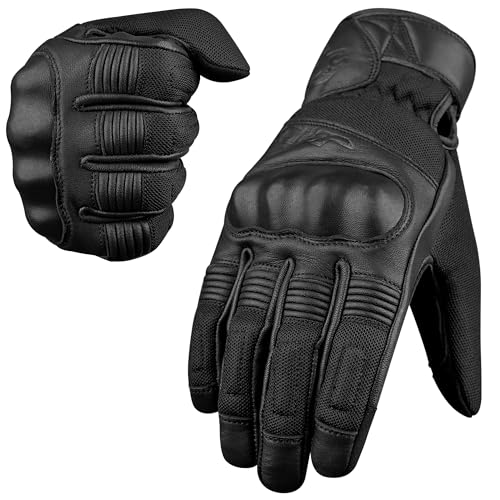 Leather Motorcycle Motorbike Knuckle Protection Powersports Gloves (Black / 3X-Large)