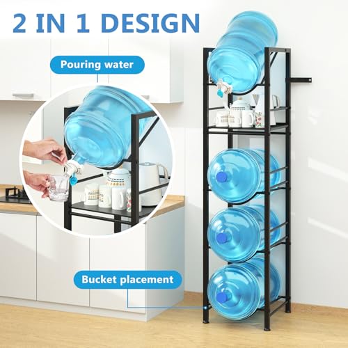 2-In-1 5 Gallon Water Jug Holder, 5 Tier Water Jug Stand Holder with 1 Dispenser Valves, 5 Gal Water Bottle Storage Rack Organizer for Kitchen, Office, Garage (11.02 inches x 11.02 inches x 55.51 inches)