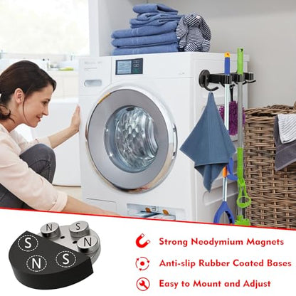 Heavy Duty Magnetic Broom Holder (Heavy Duty,Black,3 Hooks 4 Slots)